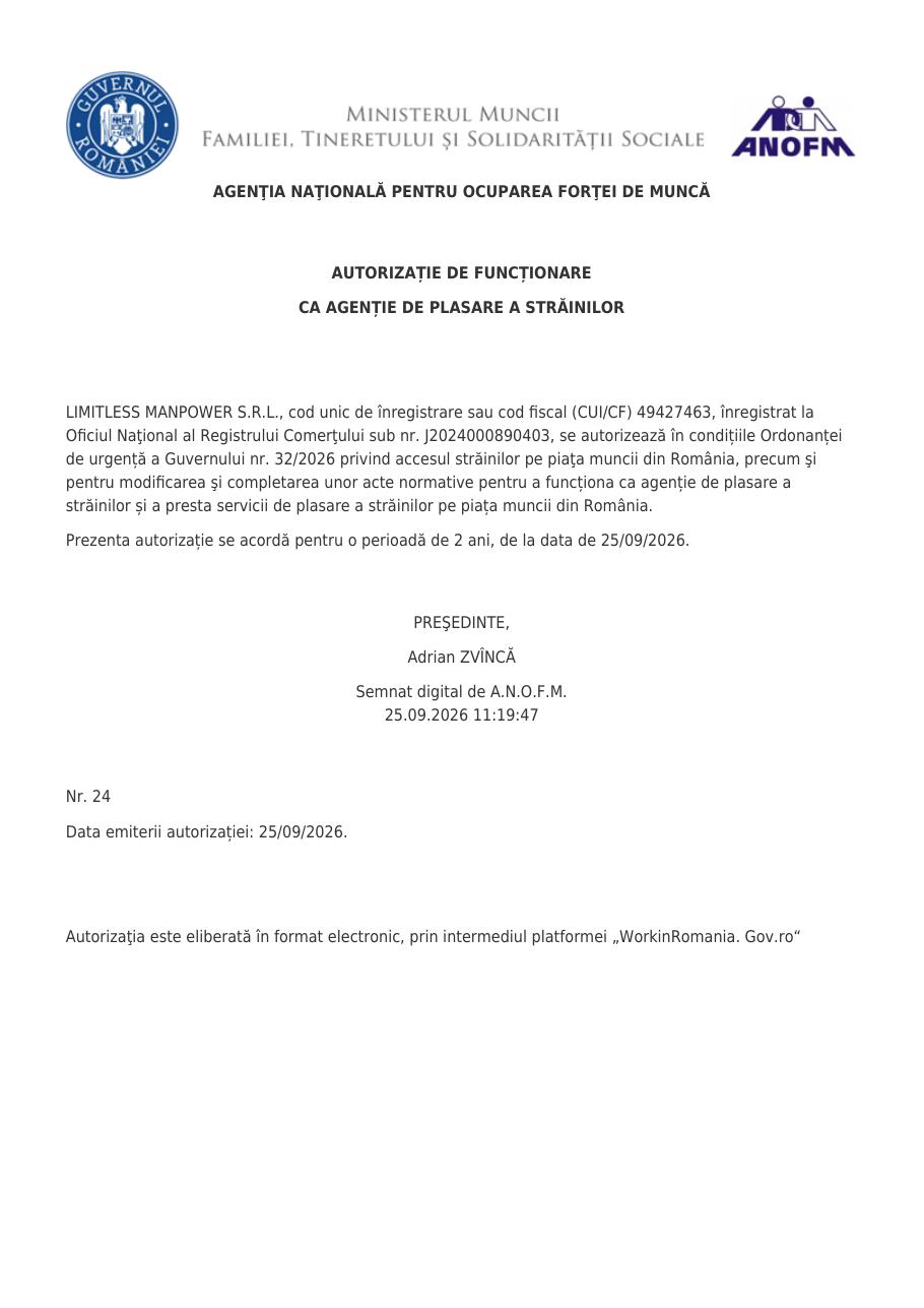 ANOFM authorisation no. 24/2026 of Limitless Manpower S.R.L.